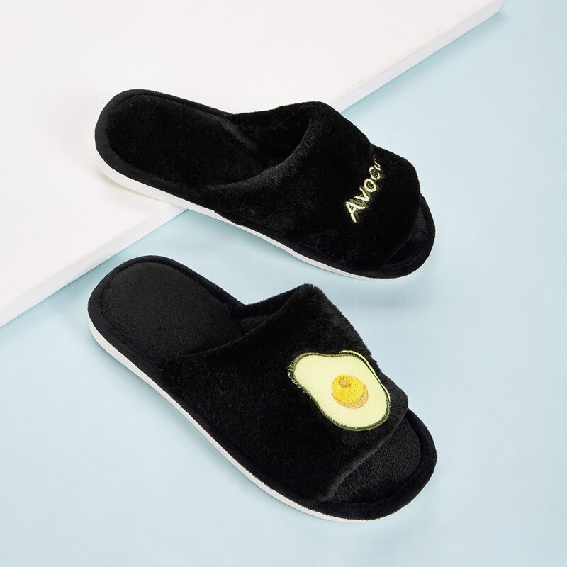 

Letter Embroidered Fluffy Slippers, Black