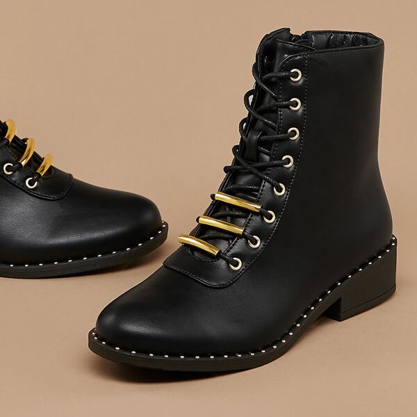 

Stud Detail Lace Front Almond Toe Combat Boots, Black