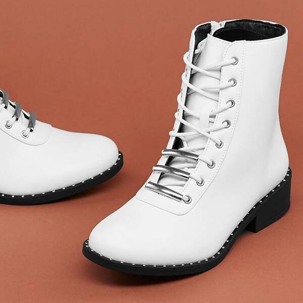 

Ball Chain Trim Lace Up Almond Toe Military Boots, White