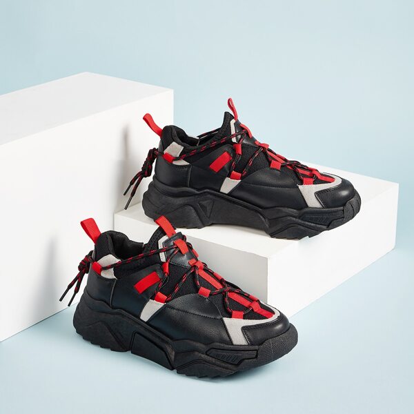 

Men Lace-up Mesh Panel Chunky Sneakers, Black