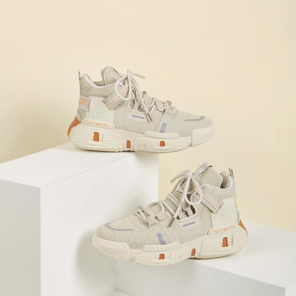 

Men Lace-up Front Mesh Panel Chunky Sneakers, Beige