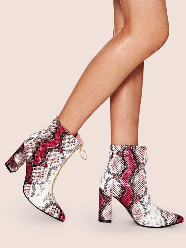 

Snakeskin Print Front Zip Chunky Boots, Multicolor