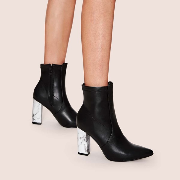 

Marble Pattern Heel Side Zip Point Toe Boots, Black