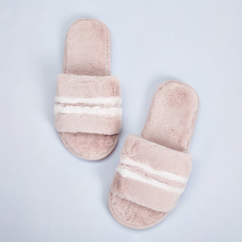

Striped Faux Fur Slippers, Pink