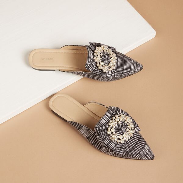 

Pearl & Rhinestone Decor Houndstooth Flat Mules, Multicolor