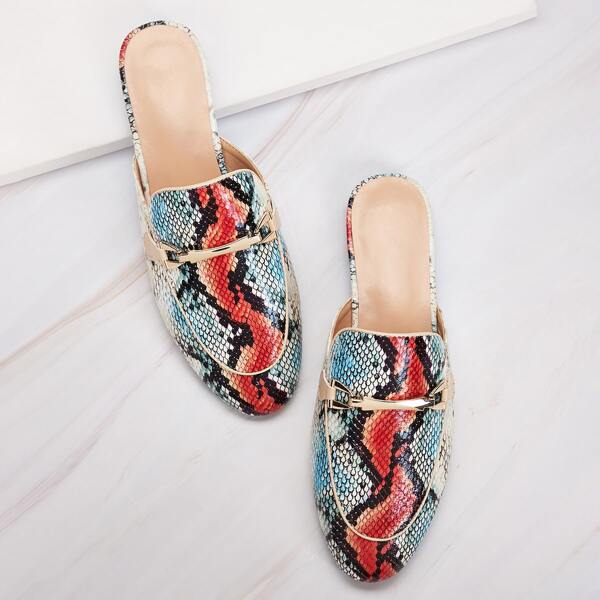

Snakeskin Print Metal Decor Flat Mules, Multicolor