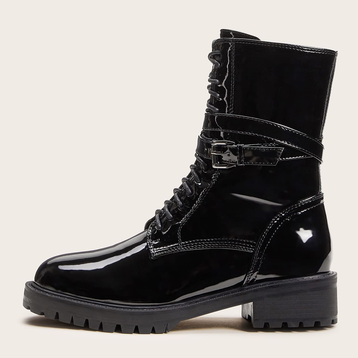 

Buckle Decor Lug Sole Combat Boots, Black