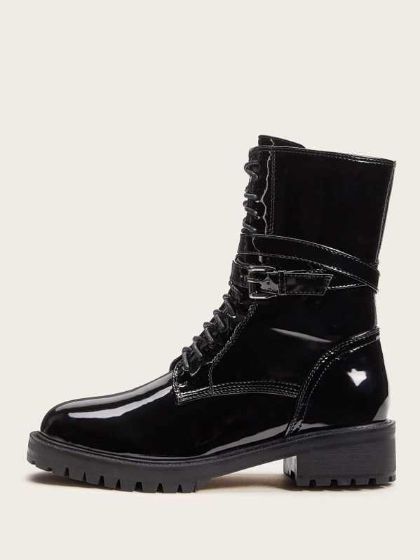 

Buckle Decor Lug Sole Combat Boots, Black
