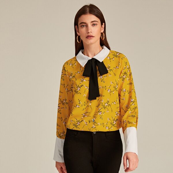 

Allover Floral Print Tie Front Blouse, Yellow