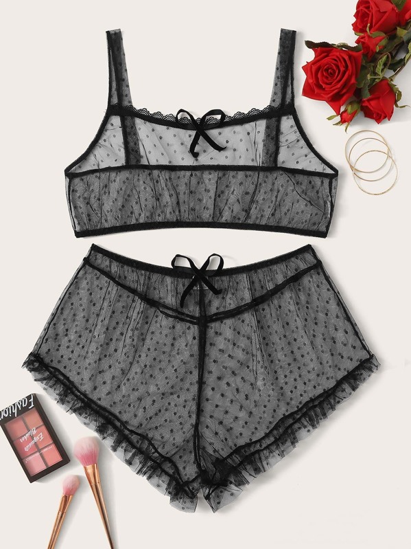 

Plus Polka Dot Mesh Lingerie Set, Black