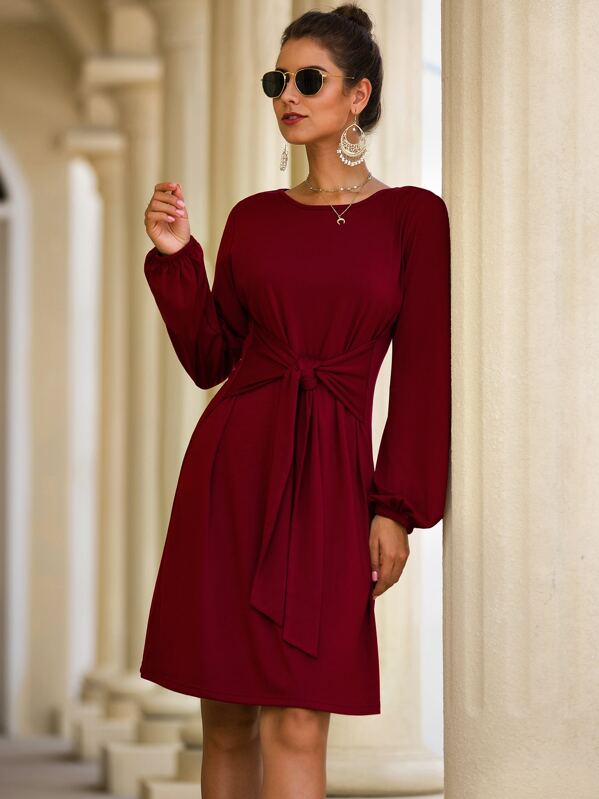

Solid Blouson Sleeve Tie Front Dress, Burgundy