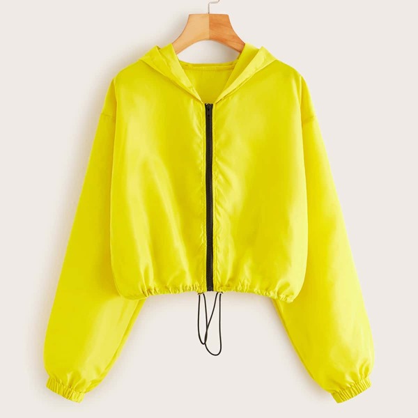 

Neon Yellow Drawstring Hem Zip-up Windbreaker Jacket, Yellow bright