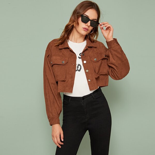 

Metal Button Flap Pocket Crop Utility Jacket, Brown