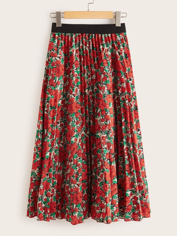 

Allover Floral Print Pleated Midi Skirt, Red