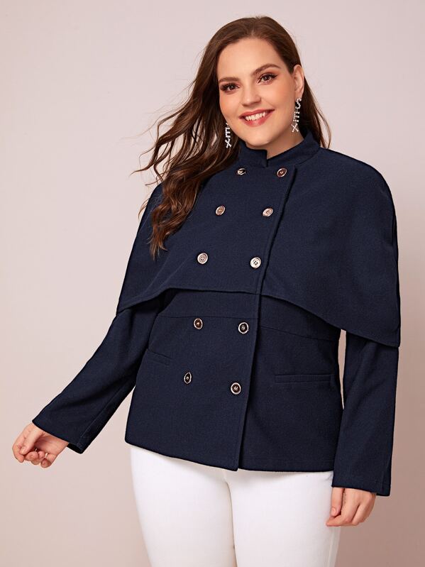 

Plus Double Breasted Front Solid Coat, Navy, Ella