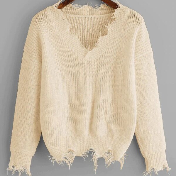 

Plus V-Neck Ribbed Knit Raw Hem Sweater, White