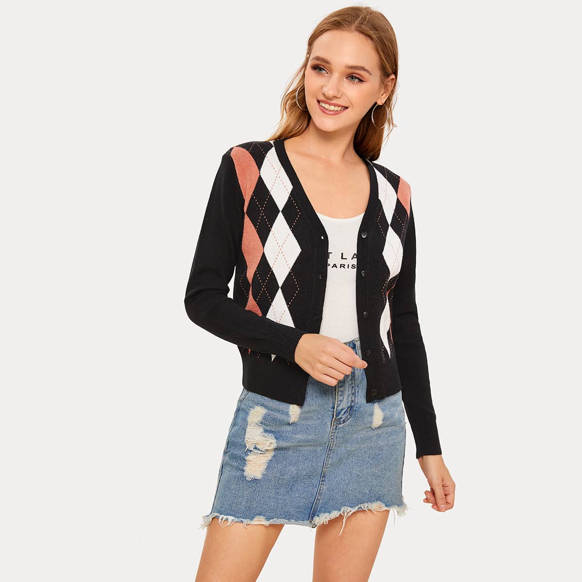 

Argyle Knit Button Through Cardigan, Multicolor