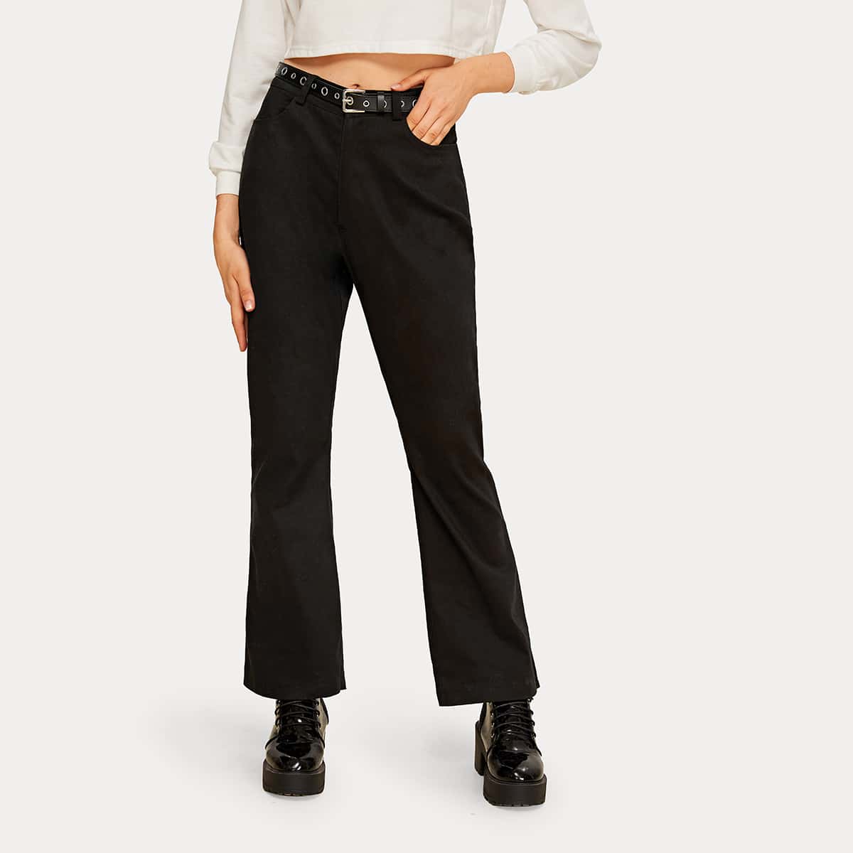 

Solid Flare Leg Pants Without Belt, Black