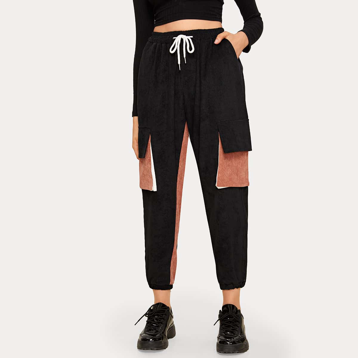 

Contrast Panel Corduroy Cargo Pants, Black