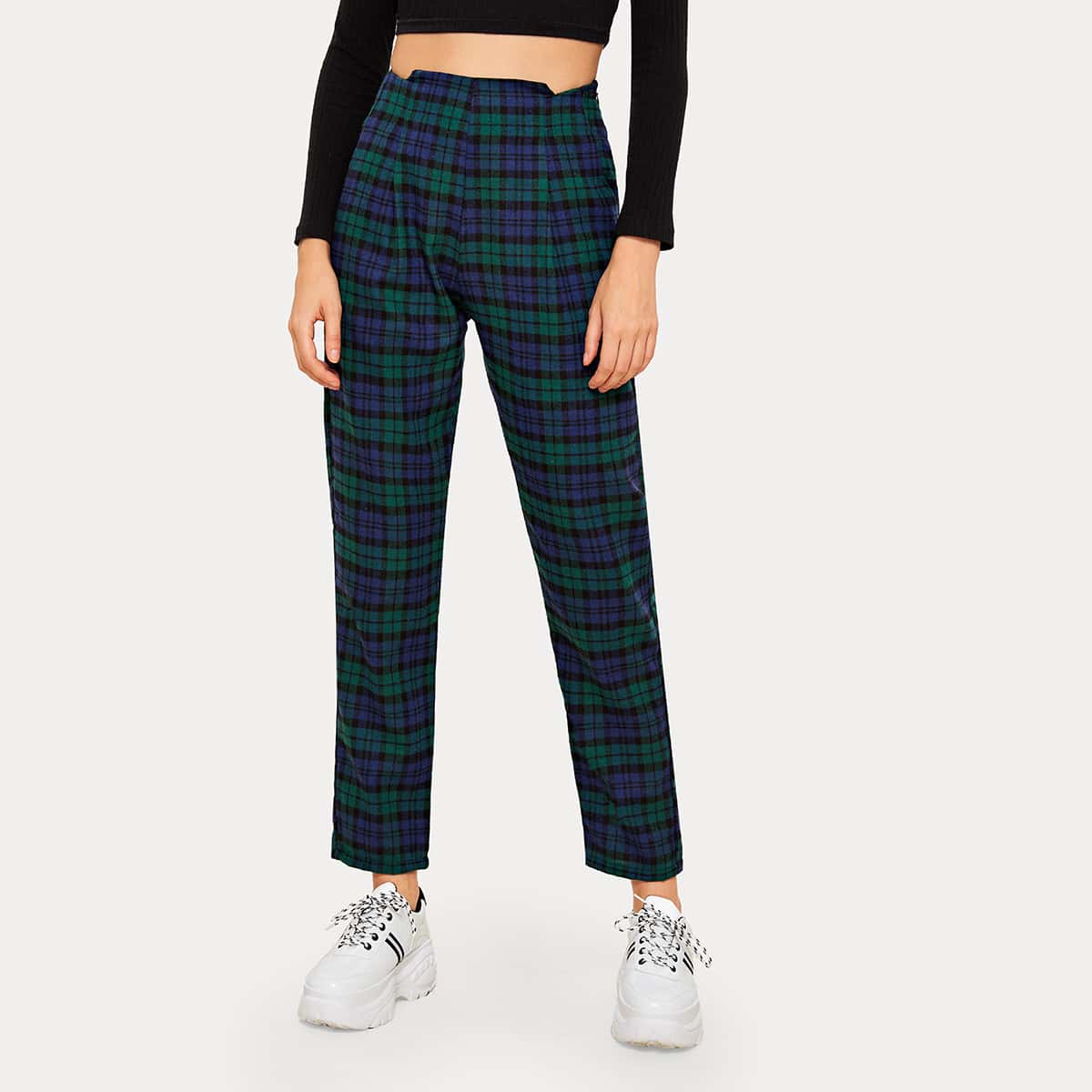 

Plaid High Rise Straight Leg Pants, Green
