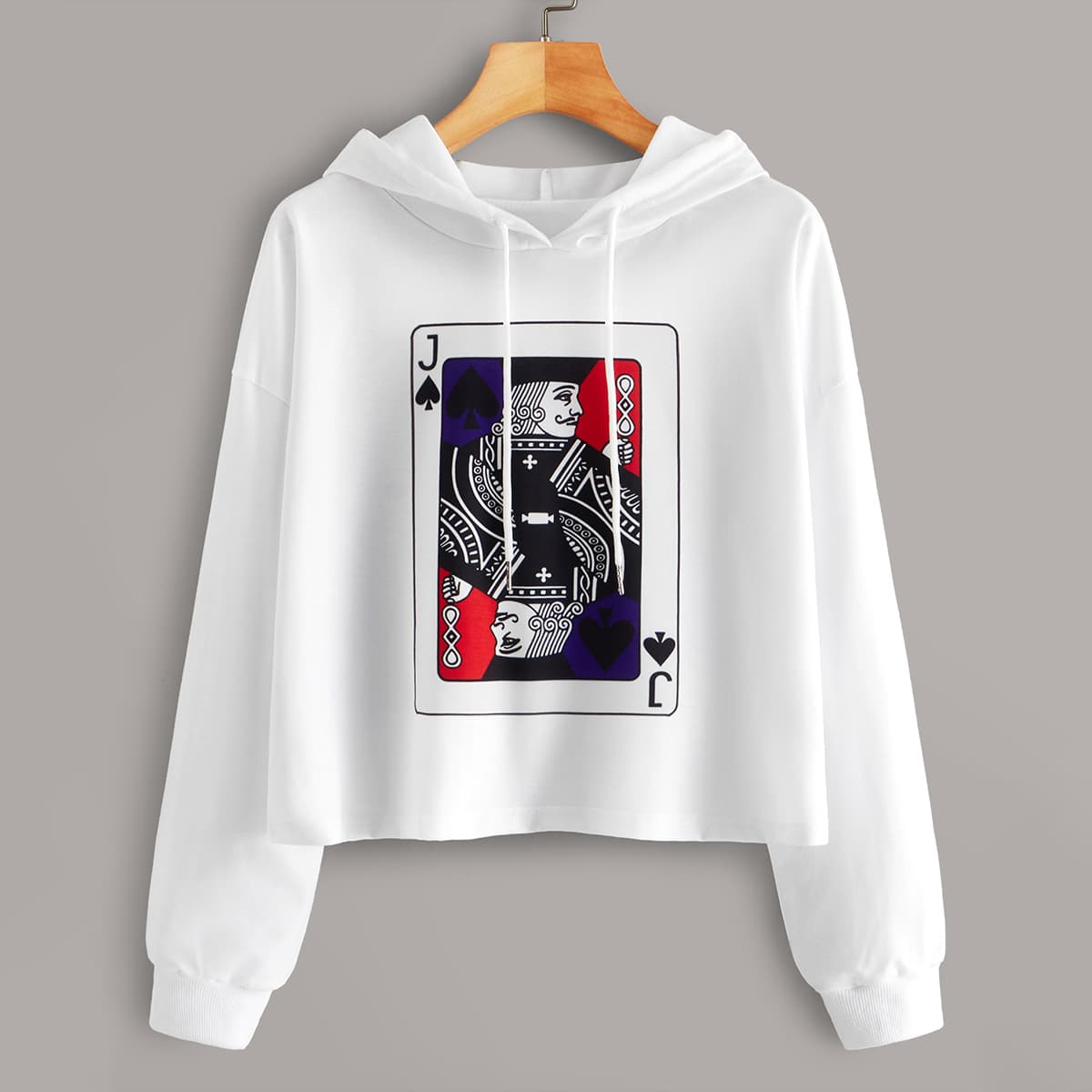 

Poker Card Print Drawstring Hoodie, White