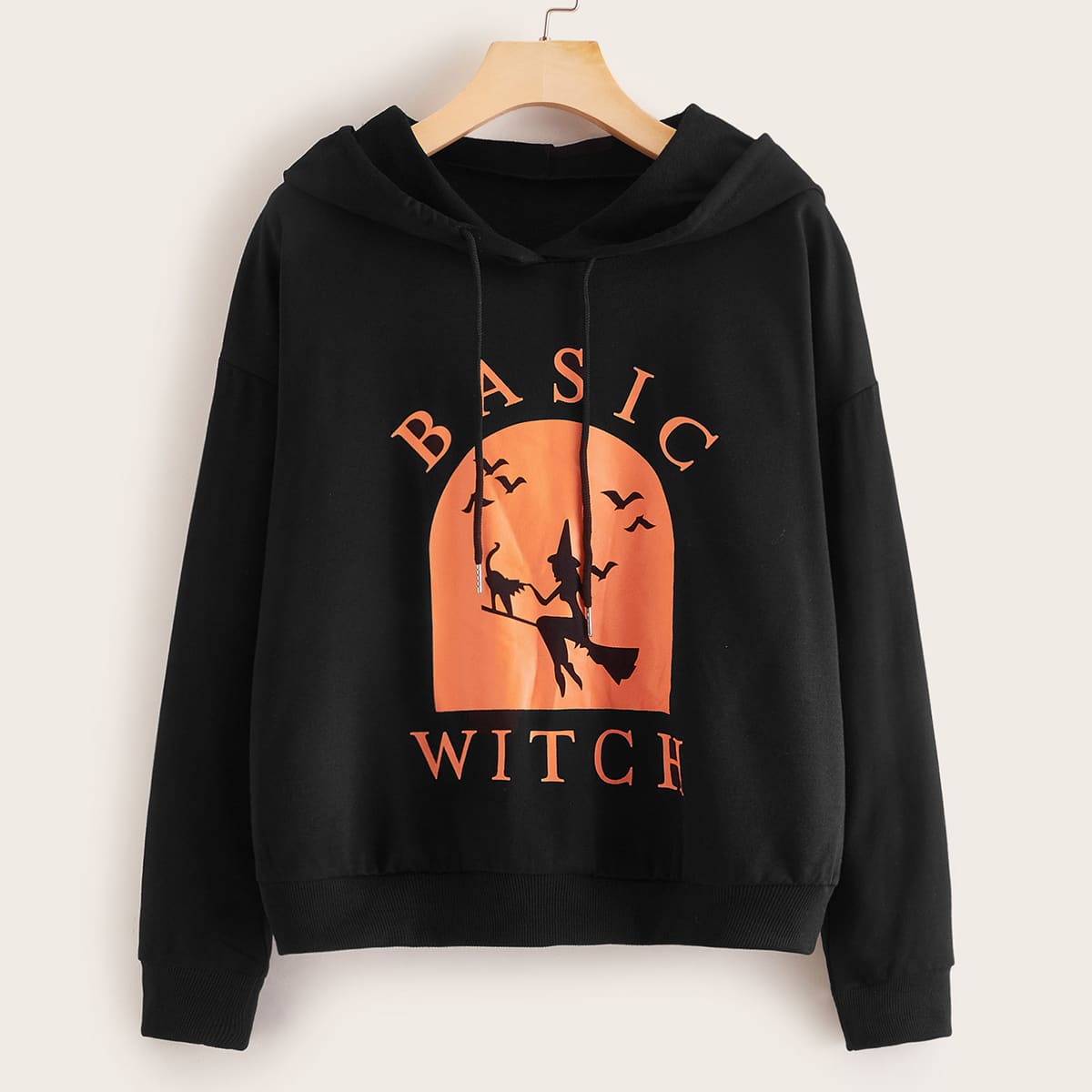 

Halloween & Letter Graphic Drawstring Hoodie, Black