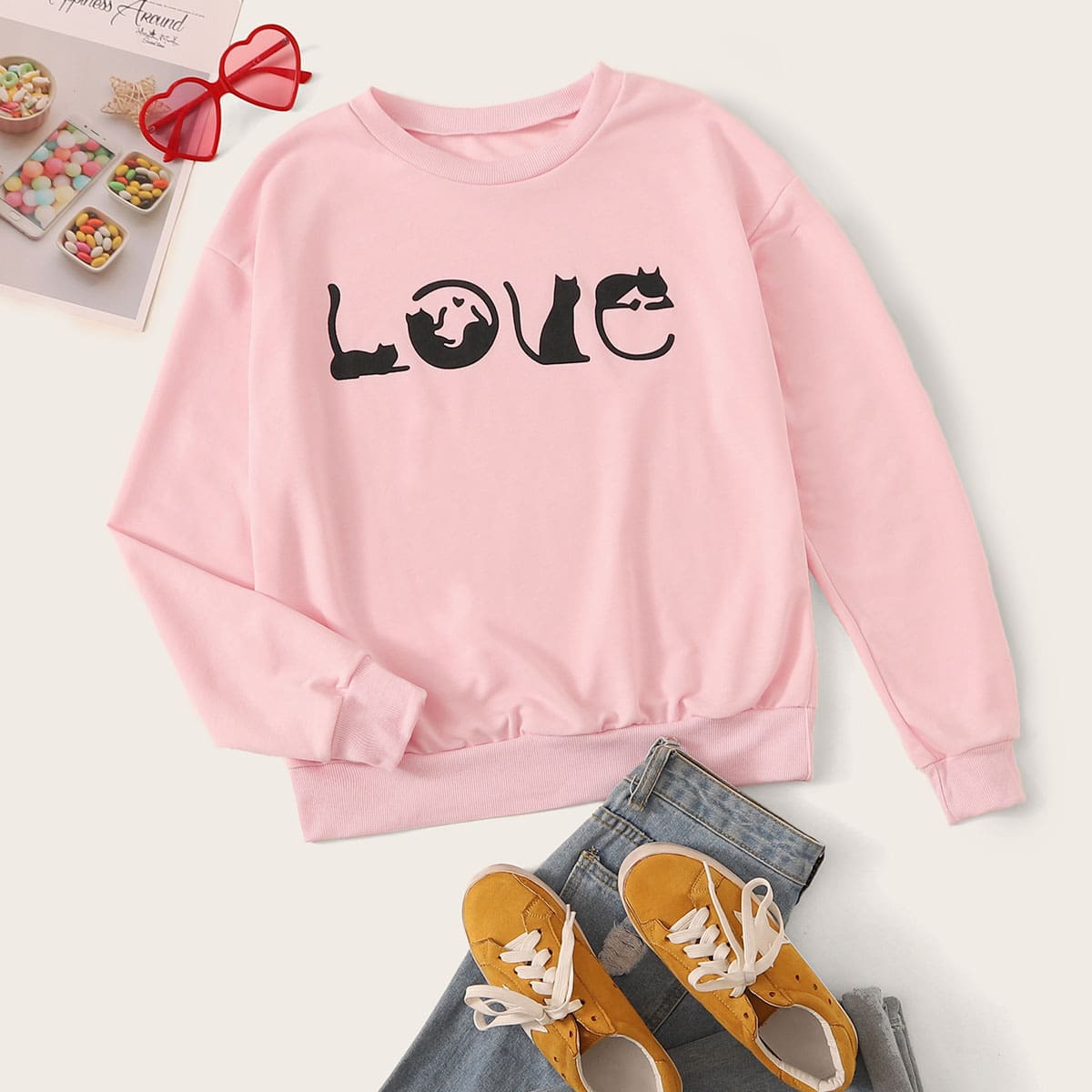 

Letter Graphic Round Neck Sweatshirt, Pink
