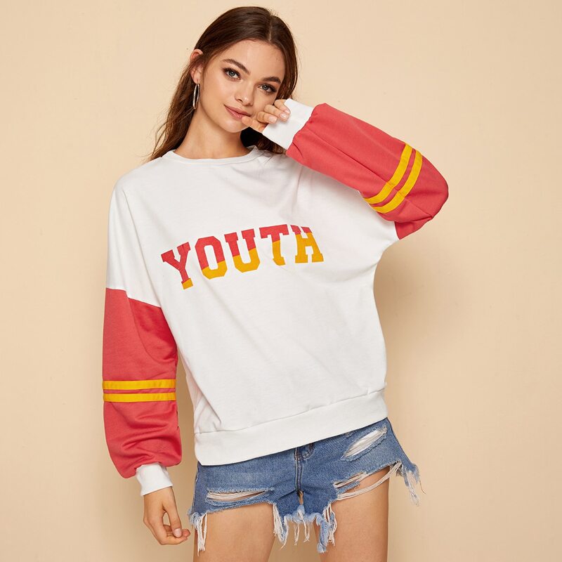

Varsity Striped Letter Graphic Color-block Sweatshirt, White