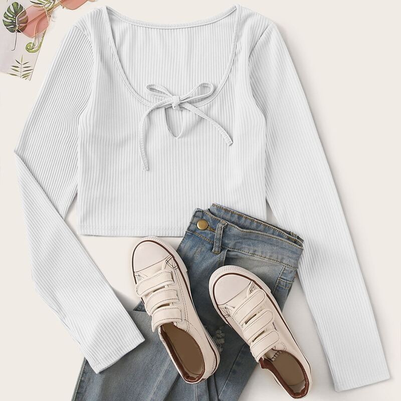 

Solid Knot Front Crop Ribbed Tee, White