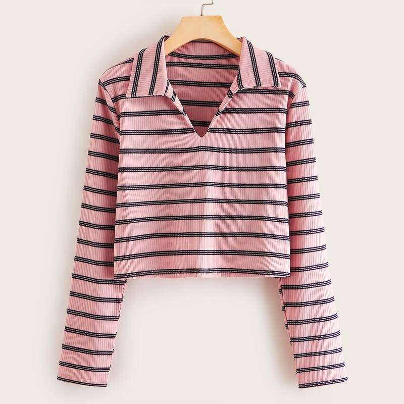 

Striped Crop Ribbed Tee, Pink