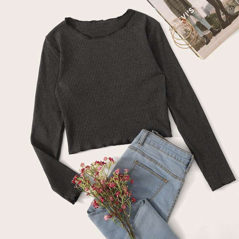 

Solid Lettuce Trim Ribbed Tee, Grey
