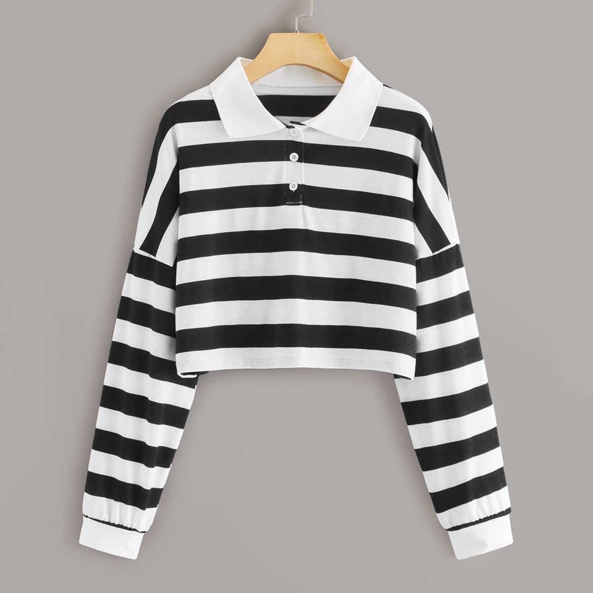 

Black And White Striped Polo Neck Crop Tee