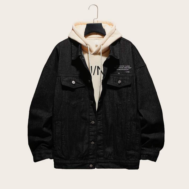 

Guys Slogan Embroidery Flap Pockets Denim Jacket, Black