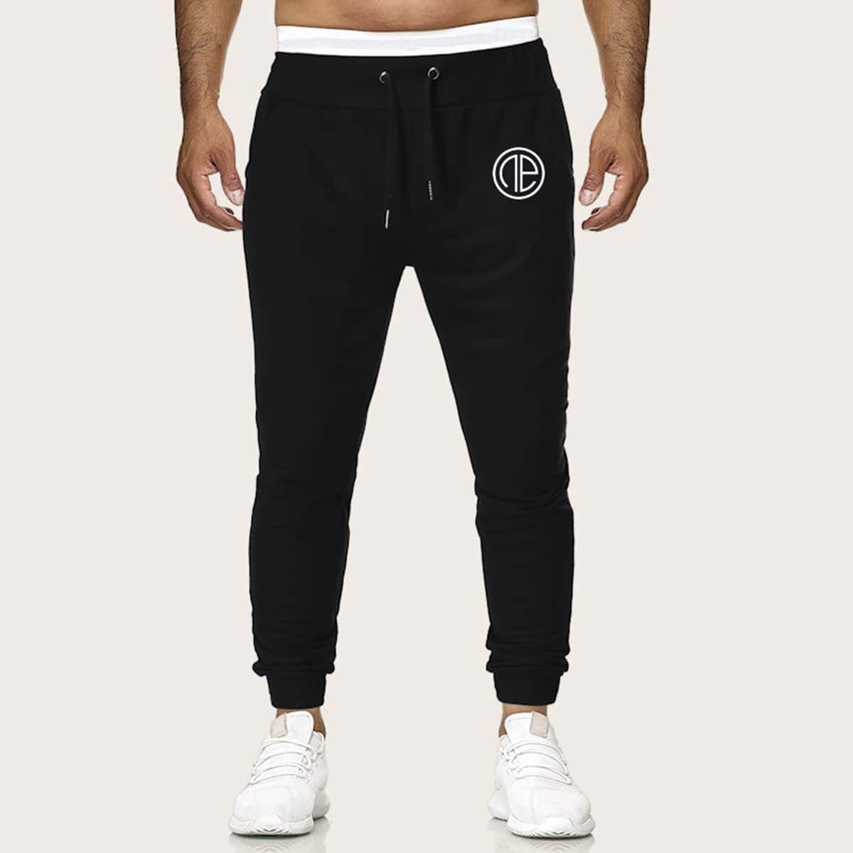 

Guys Graphic Print Drawstring Waist Sweatpants, Black