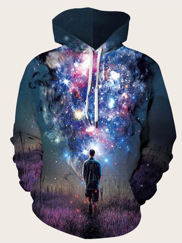 

Men Galaxy Print Drawstring Hooded Sweatshirt, Multicolor