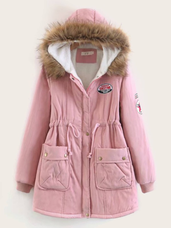 

Letter Patched Drawstring Waist Parka Coat, Pink