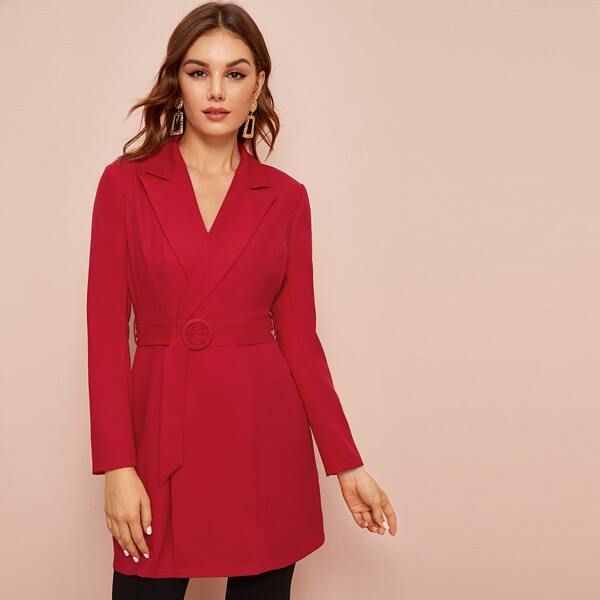 

Button Front Buckle Belted Blazer, Red bright