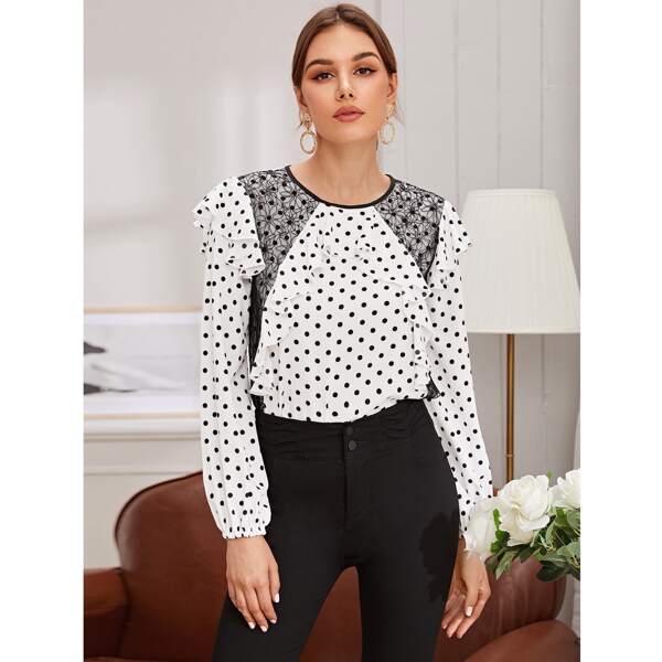 

Contrast Binding Lace Trim Ruffle Trim Top, Black and white