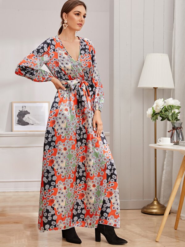 

Daisy & Colorblock Belted Satin Maxi Dress, Multicolor, Vlada