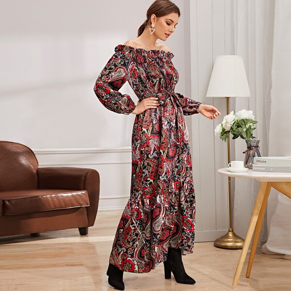 

Tribal Off Shoulder Belted Ruffle Hem Dress, Multicolor