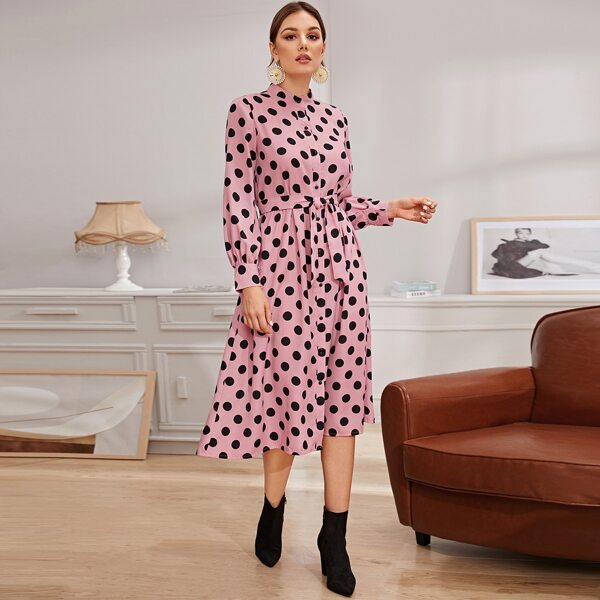 

Polka Dot Print Button Front Belted Dress, Pink pastel
