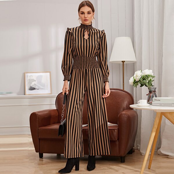 

Keyhole Neck Shirred Waist Striped Jumpsuit, Multicolor