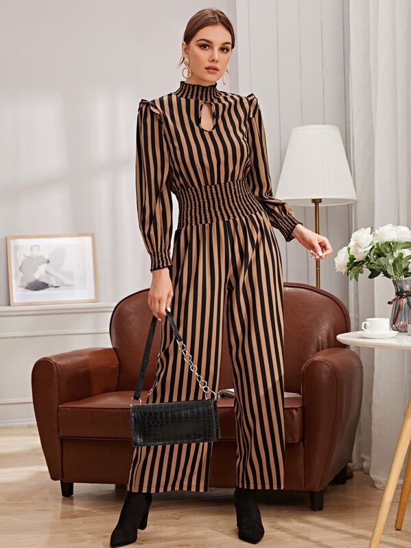 

Keyhole Neck Shirred Waist Striped Jumpsuit, Multicolor, Vlada