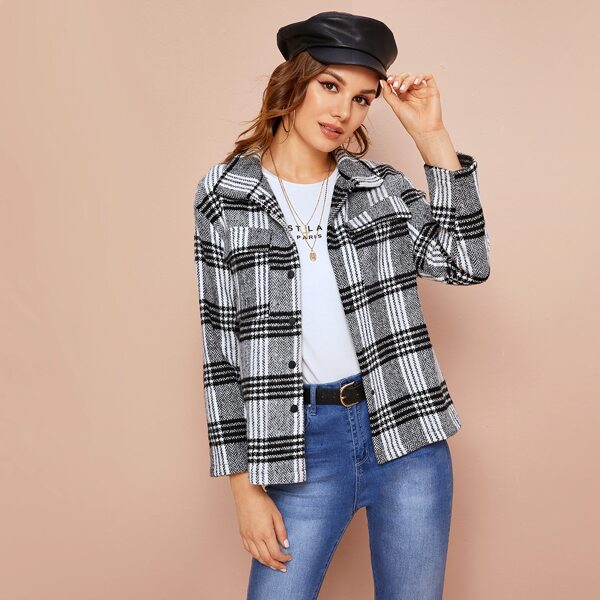 

Plaid Print Button Up Coat, Black and white