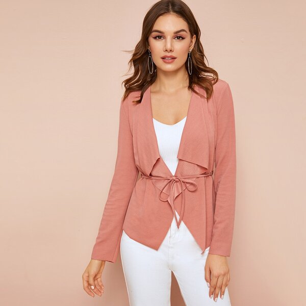 

Waterfall Collar Knot Front Duster Coat, Pink pastel