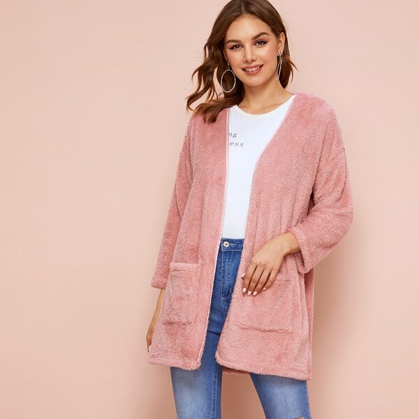 

Double Pocket Open Front Teddy Coat, Pink pastel