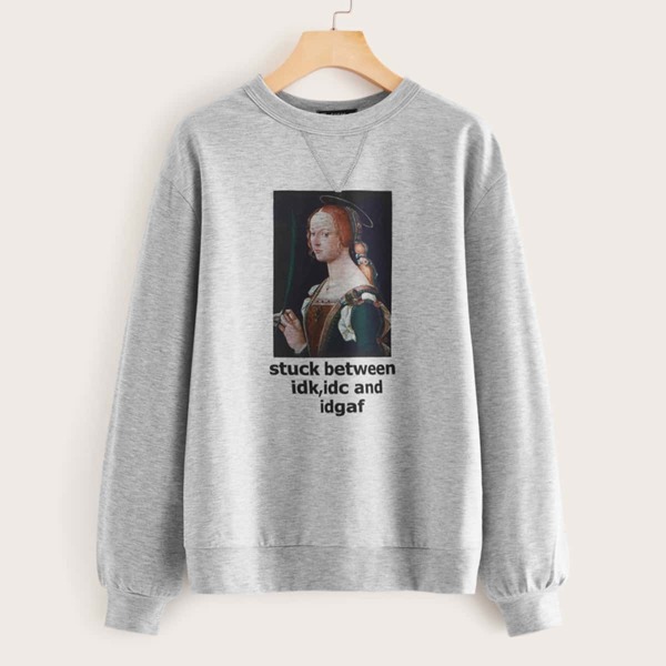 

Figure & Slogan Drop Shoulder Sweatshirt, Grey