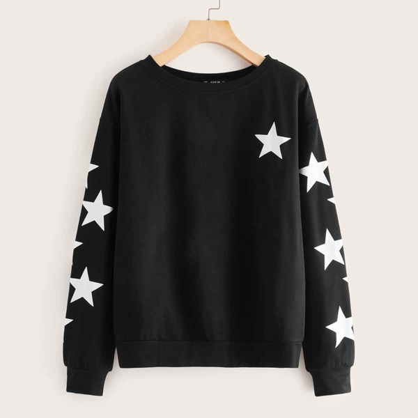 

Star Print Drop Shoulder Sweatshirt, Black