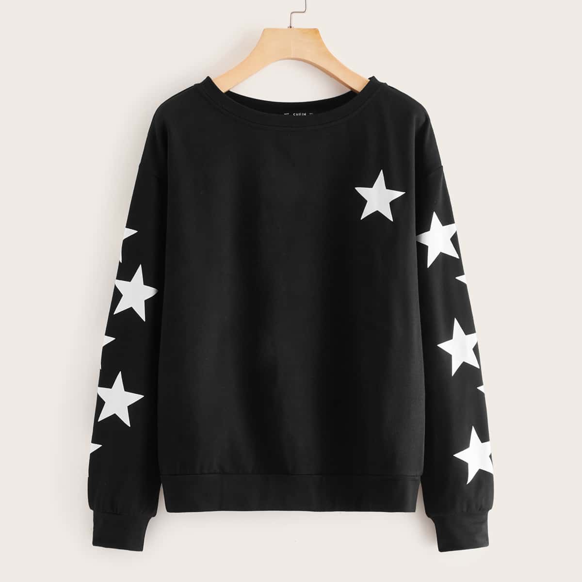

Star Print Drop Shoulder Sweatshirt, Black