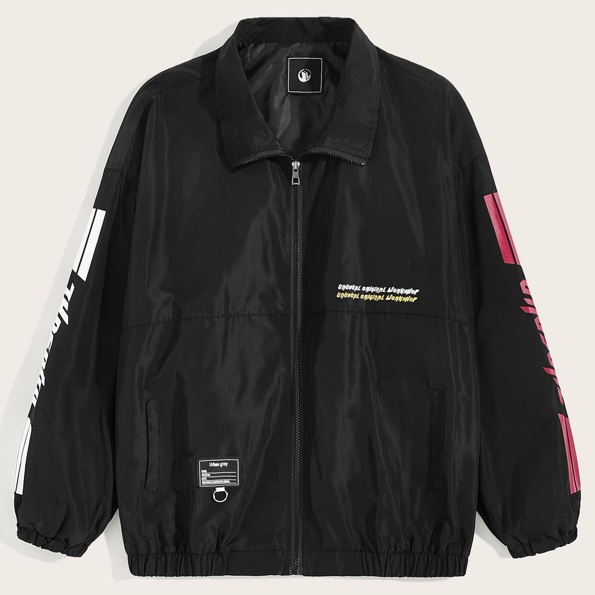 

Guys Letter Graphic Ring Detail Windbreaker Jacket, Black